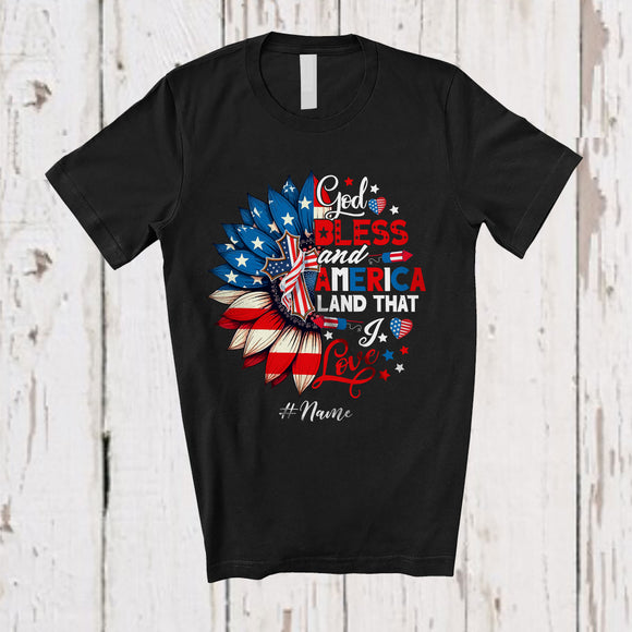 MacnyStore - Personalized Custom Name God Bless And America Land; Amazing 4th Of July Sunflower Patriotic T-Shirt