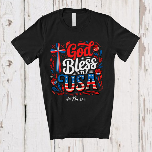 MacnyStore - Personalized Custom Name God Bless The USA; Fantastic 4th of July US Flag Cross; Patriotic T-Shirt