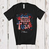 MacnyStore - Personalized Custom Name God Bless The USA; Proud 4th of July US Flag Cross Flowers; Patriotic T-Shirt