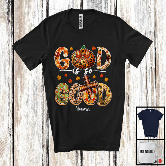 MacnyStore - Personalized Custom Name God Is So Good; Amazing Thanksgiving Fall Leopard Pumpkin Cross T-Shirt