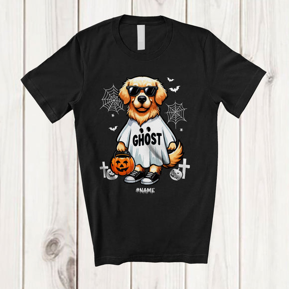 MacnyStore - Personalized Custom Name Golden Retriever Boo Ghost Cosplay; Lovely Halloween Animal Sunglasses T-Shirt