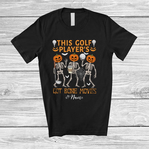 MacnyStore - Personalized Custom Name Golf Player's Got Bone Moves; Joyful Halloween Pumpkin Skeletons T-Shirt