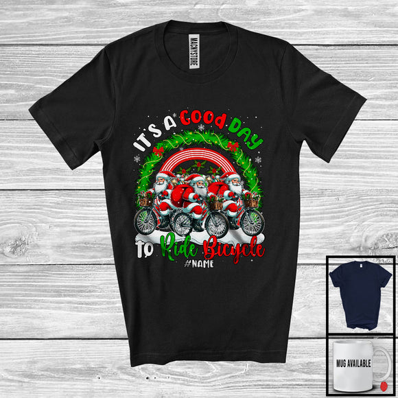 MacnyStore - Personalized Custom Name Good Time To Ride Bicycle; Joyful Christmas Three Santa Rainbow T-Shirt