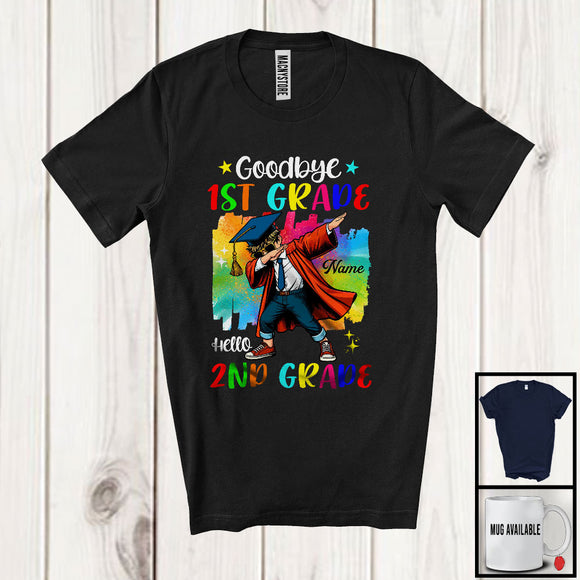MacnyStore - Personalized Custom Name Goodbye 1st Grade Hello 2nd Grade, Colorful Graduation Boy Dabbing, Graduate T-Shirt