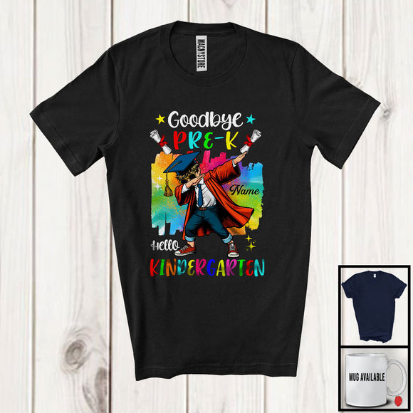 MacnyStore - Personalized Custom Name Goodbye Pre-K Hello Kindergarten, Colorful Graduation Boy Dabbing, Graduate T-Shirt