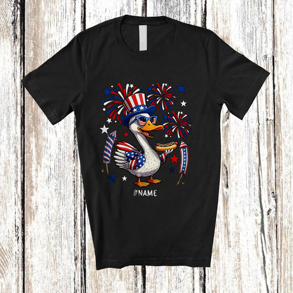 MacnyStore - Personalized Custom Name Goose Eating Hot Dog Sausage; Humorous 4th of July Boy Patriotic T-Shirt