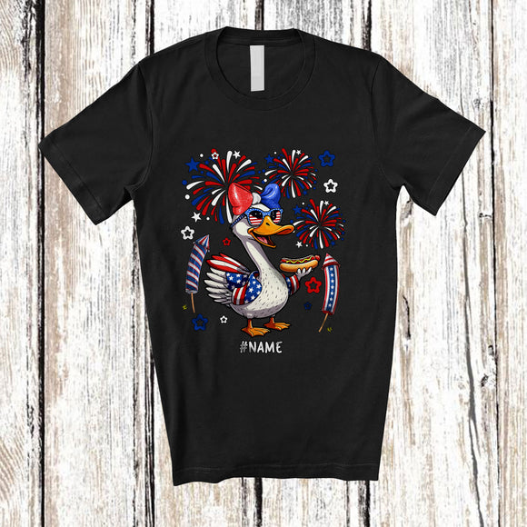 MacnyStore - Personalized Custom Name Goose Eating Hot Dog Sausage; Humorous 4th of July Girl Patriotic T-Shirt