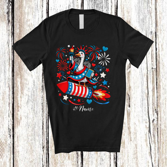 MacnyStore - Personalized Custom Name Goose Statue of Liberty Riding Firecracker; Lovely 4th Of July Patriotic T-Shirt