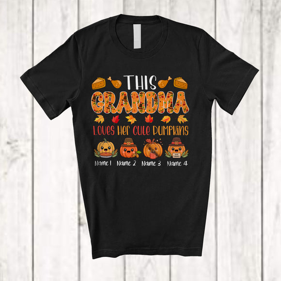 MacnyStore - Personalized Custom Name Grandma Loves Her Cute Pumpkins; Lovely Thanksgiving Fall Leaf Family T-Shirt