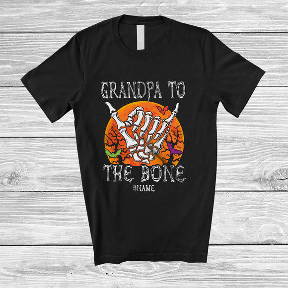 MacnyStore - Personalized Custom Name Grandpa To The Bone; Scary Halloween Moon Skeleton Hand; Family T-Shirt