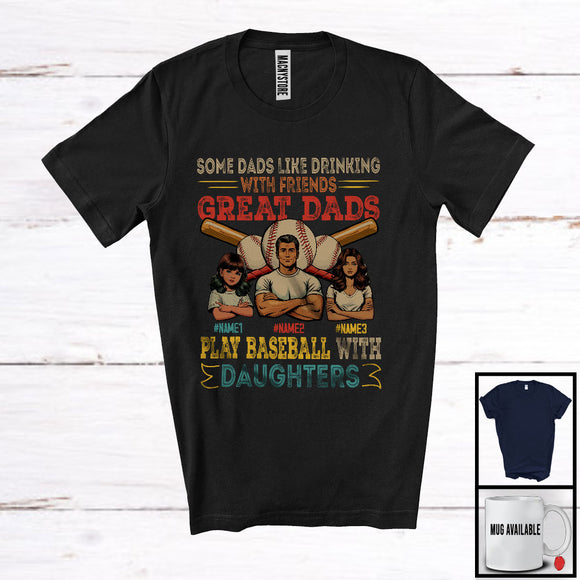 MacnyStore - Personalized Custom Name Great Dads Play Baseball With 2 Daughters, Vintage Father's Day T-Shirt