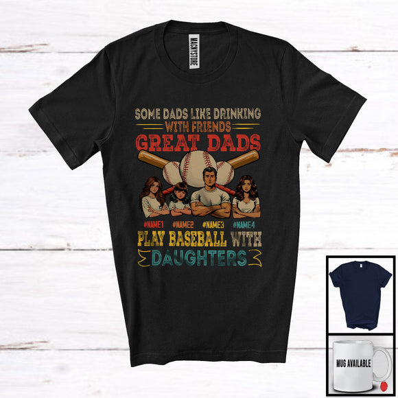 MacnyStore - Personalized Custom Name Great Dads Play Baseball With 3 Daughters, Vintage Father's Day T-Shirt