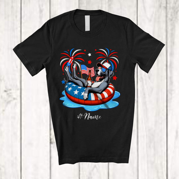 MacnyStore - Personalized Custom Name Great Dane Drinking On Float Beach; Joyful 4th Of July Patriotic T-Shirt