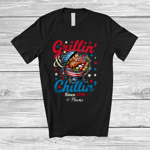MacnyStore - Personalized Custom Name Grillin' and Chillin' 1776; Humorous 4th of July BBQ Food; Patriotic T-Shirt