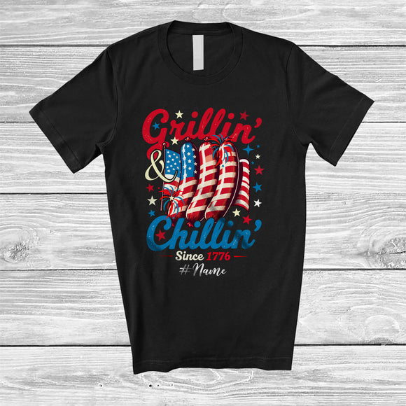 MacnyStore - Personalized Custom Name Grillin' and Chillin' 1776; Humorous 4th of July Sausage Food; Patriotic T-Shirt