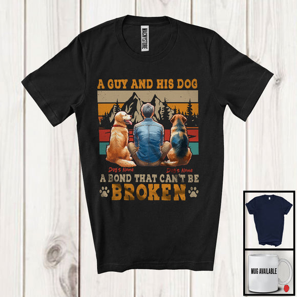 MacnyStore - Personalized Custom Name Guy And His Dog Bond Can't Be Broken, Cute Father's Day 2 Puppies Owner T-Shirt