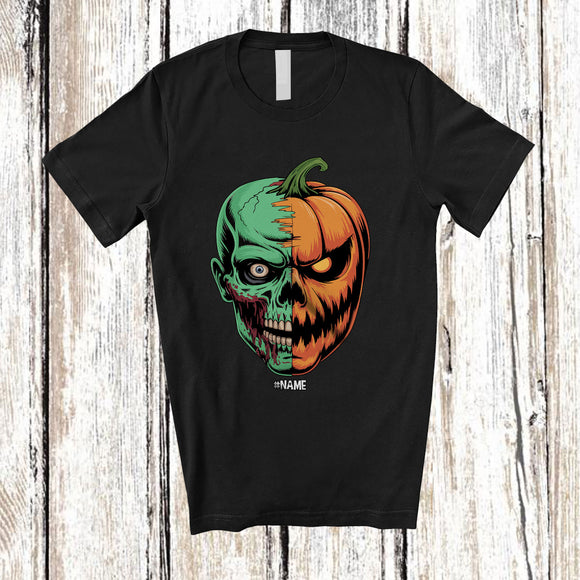 MacnyStore - Personalized Custom Name Half Carved Pumpkin Half Skull Zombie; Scary Halloween Family Group T-Shirt