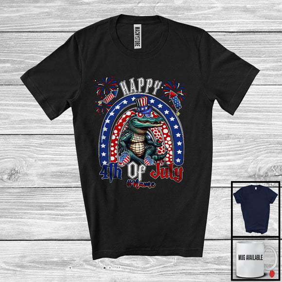 MacnyStore - Personalized Custom Name Happy 4th Of July, Humorous American Flag Rainbow Alligator, Patriotic T-Shirt