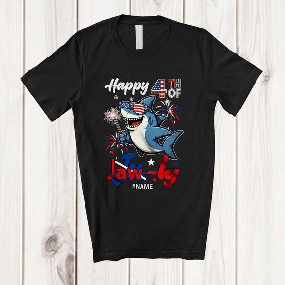 MacnyStore - Personalized Custom Name Happy 4th of Jaw-ly; Humorous 4th Of July Shark Sunglasses; Patriotic T-Shirt