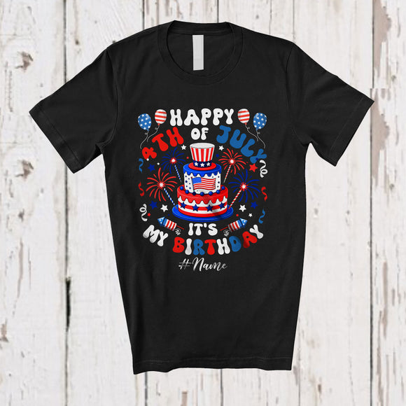 MacnyStore - Personalized Custom Name Happy 4th of July It's My Birthday; Amusing Birthday Cake Patriotic T-Shirt