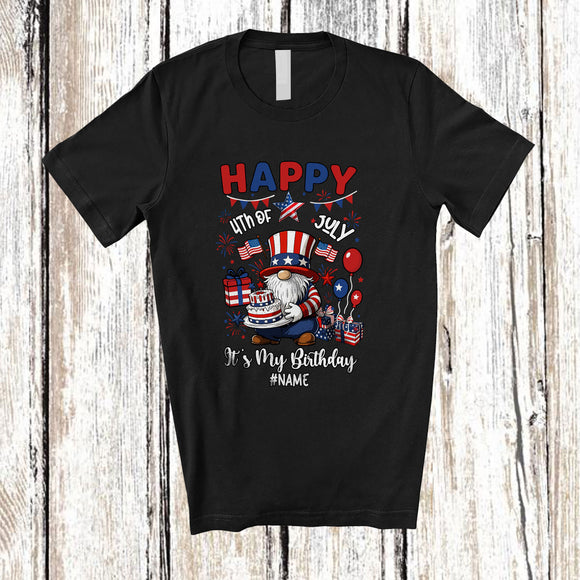 MacnyStore - Personalized Custom Name Happy 4th of July My Birthday; Joyful Gnome Birthday Cake Patriotic T-Shirt
