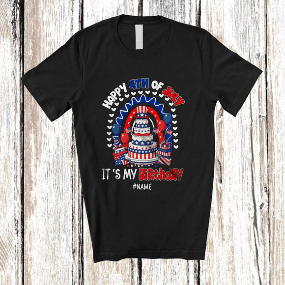 MacnyStore - Personalized Custom Name Happy 4th of July My Birthday; Joyful Rainbow Cake Patriotic T-Shirt