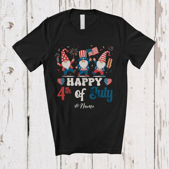 MacnyStore - Personalized Custom Name Happy 4th of July; Amusing Groovy Three Gnomes; US Flag Patriotic T-Shirt