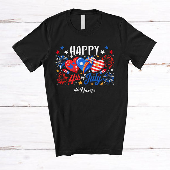 MacnyStore - Personalized Custom Name Happy 4th of July; Amusing Hearts Fireworks Patriotic T-Shirt