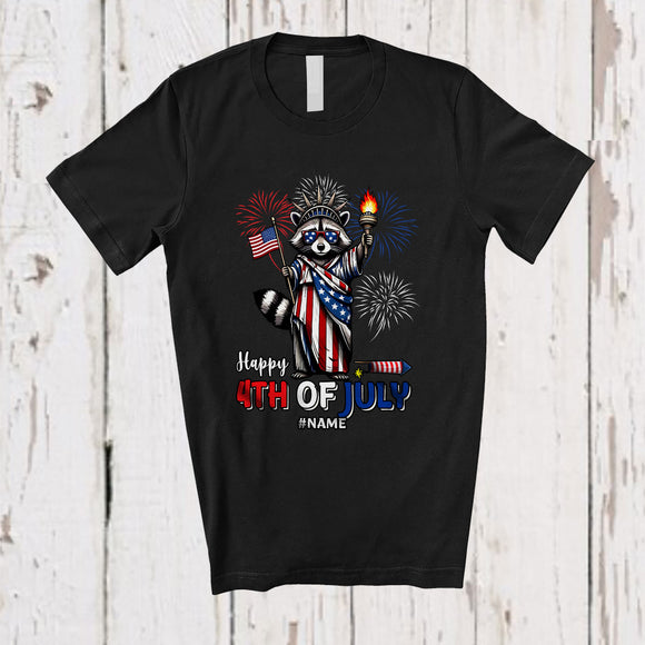 MacnyStore - Personalized Custom Name Happy 4th of July; Lovely Raccoon Liberty; American Patriotic T-Shirt