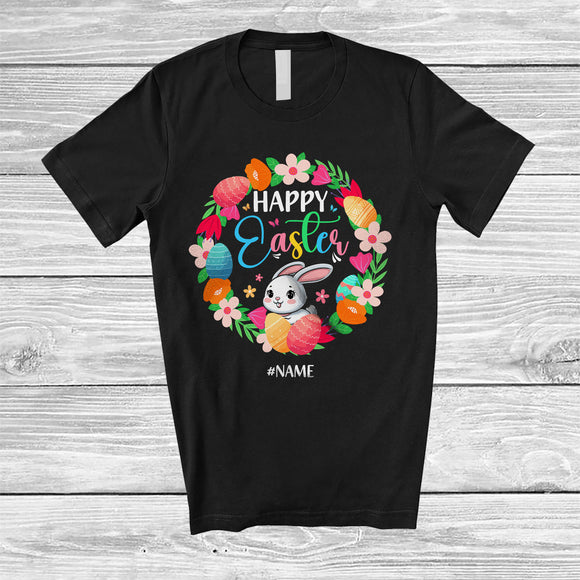 MacnyStore - Personalized Custom Name Happy Easter; Joyful Easter Flowers Circle Bunny Rabbit; Family T-Shirt