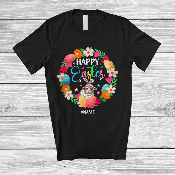 MacnyStore - Personalized Custom Name Happy Easter; Joyful Easter Flowers Circle Bunny Sheep; Farmer T-Shirt