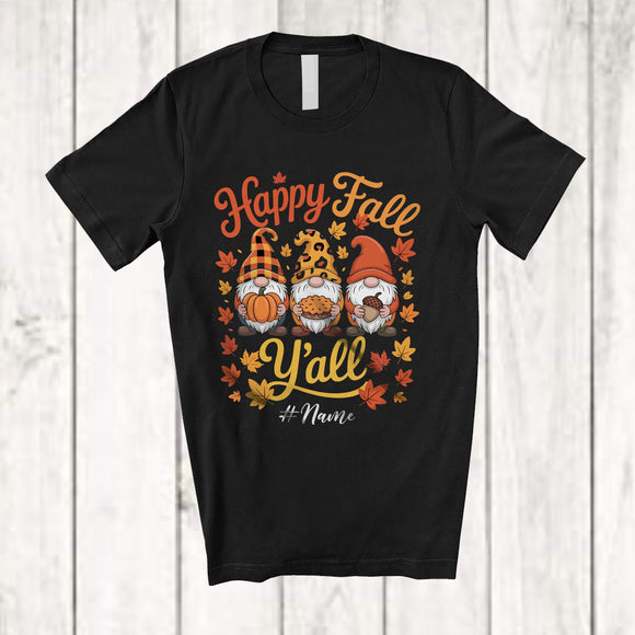 MacnyStore - Personalized Custom Name Happy Fall Y'all; Amusing Thanksgiving Three Gnomes Fall Leaves T-Shirt