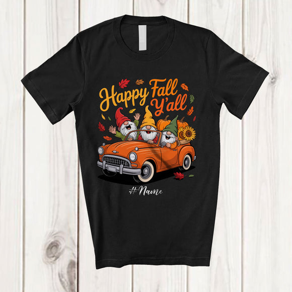 MacnyStore - Personalized Custom Name Happy Fall Y'all; Amusing Thanksgiving Three Gnomes On Car Driver T-Shirt