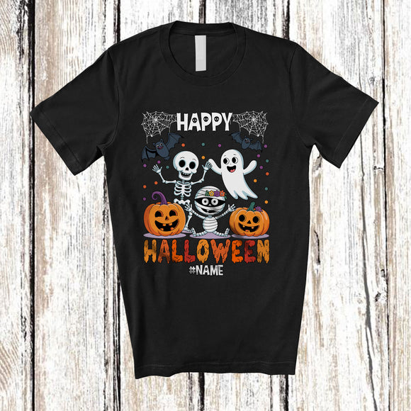 MacnyStore - Personalized Custom Name Happy Halloween; Cheerful Collection Skeleton Pumpkin Boo Ghost T-Shirt