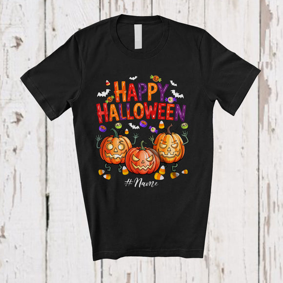 MacnyStore - Personalized Custom Name Happy Halloween; Horror Halloween Costume Three Carved Pumpkins T-Shirt
