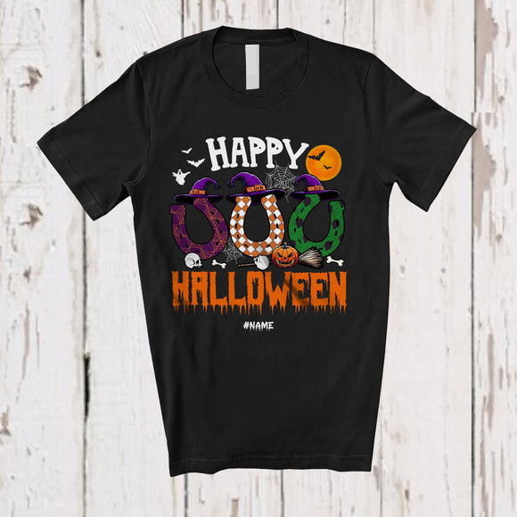 MacnyStore - Personalized Custom Name Happy Halloween; Scary Three Witch Horse Shoes; Skull Pumpkin T-Shirt