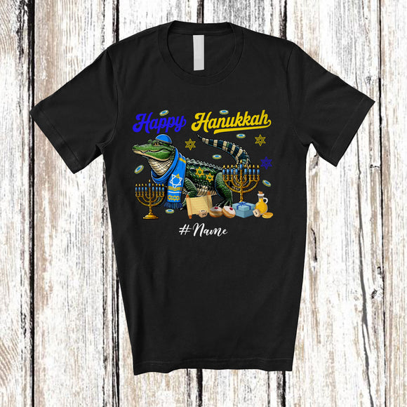 MacnyStore - Personalized Custom Name Happy Hanukkah; Amusing Chanukah Alligator With Menorah Animal T-Shirt