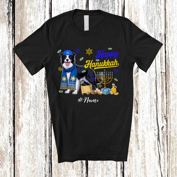 MacnyStore - Personalized Custom Name Happy Hanukkah; Amusing Chanukah Border Collie With Menorah Animal T-Shirt