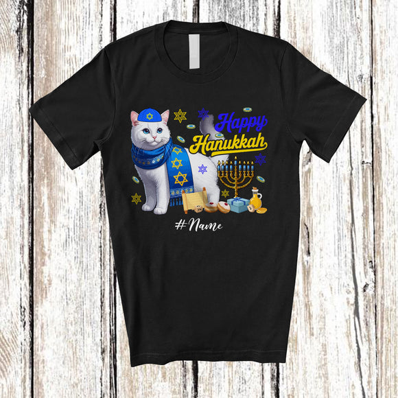 MacnyStore - Personalized Custom Name Happy Hanukkah; Amusing Chanukah Cat With Menorah Animal T-Shirt