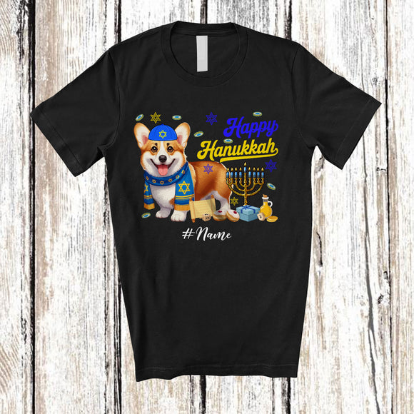 MacnyStore - Personalized Custom Name Happy Hanukkah; Amusing Chanukah Corgi With Menorah Animal T-Shirt