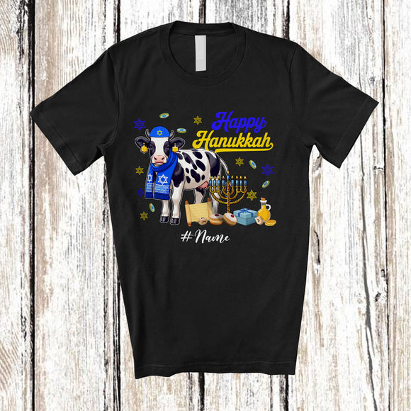 MacnyStore - Personalized Custom Name Happy Hanukkah; Amusing Chanukah Cow With Menorah Animal T-Shirt