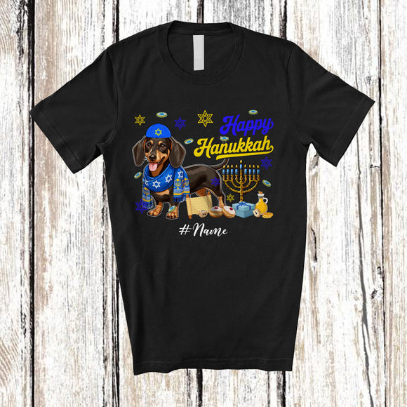 MacnyStore - Personalized Custom Name Happy Hanukkah; Amusing Chanukah Dachshund With Menorah Animal T-Shirt