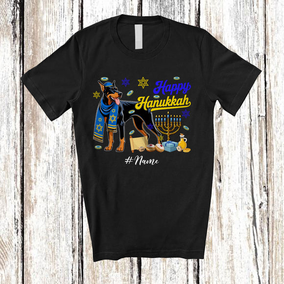 MacnyStore - Personalized Custom Name Happy Hanukkah; Amusing Chanukah Dobermanns With Menorah Animal T-Shirt