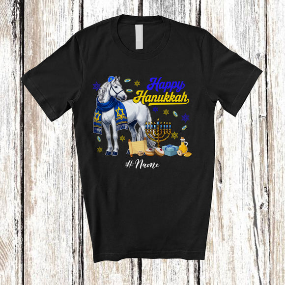 MacnyStore - Personalized Custom Name Happy Hanukkah; Amusing Chanukah Horse With Menorah Animal T-Shirt