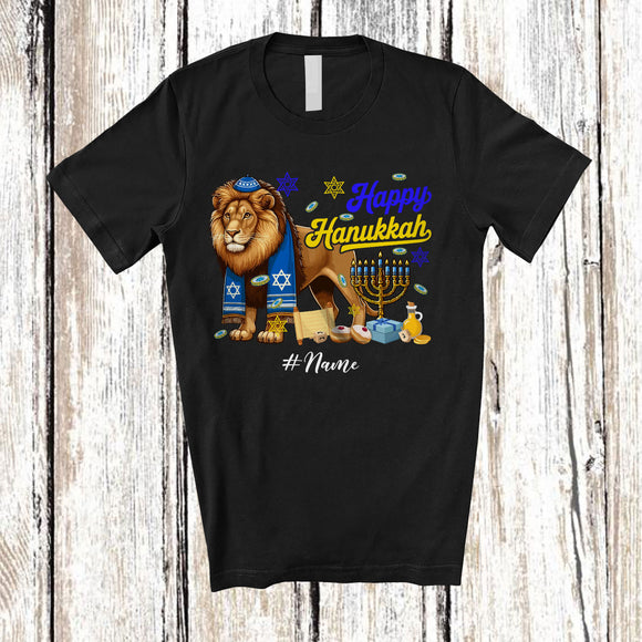 MacnyStore - Personalized Custom Name Happy Hanukkah; Amusing Chanukah Lion With Menorah Animal T-Shirt