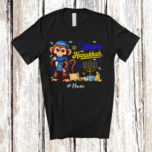 MacnyStore - Personalized Custom Name Happy Hanukkah; Amusing Chanukah Monkey With Menorah Animal T-Shirt