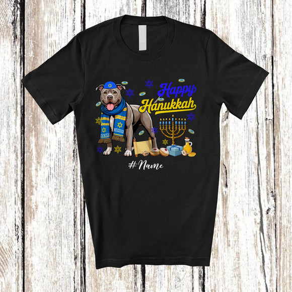 MacnyStore - Personalized Custom Name Happy Hanukkah; Amusing Chanukah Pit Bull With Menorah Animal T-Shirt