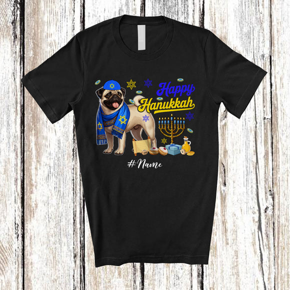MacnyStore - Personalized Custom Name Happy Hanukkah; Amusing Chanukah Pug With Menorah Animal T-Shirt