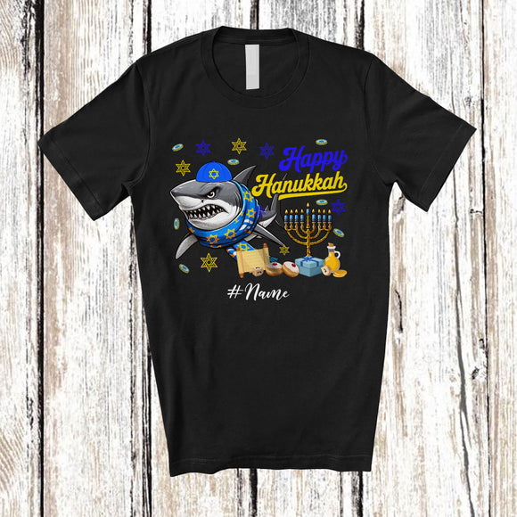 MacnyStore - Personalized Custom Name Happy Hanukkah; Amusing Chanukah Shark With Menorah Animal T-Shirt