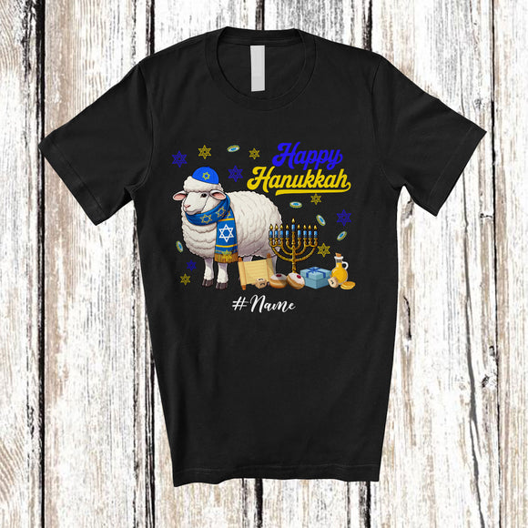 MacnyStore - Personalized Custom Name Happy Hanukkah; Amusing Chanukah Sheep With Menorah Animal T-Shirt